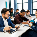 A diverse group of adults and young adults in a modern, well-lit educational setting, showcasing the evolution of literacy. Some individuals are interacting with physical books and traditional writing tools, while others are engaged with tablets, laptops, and interactive digital screens displaying educational content. All subjects are fully clothed in modest, contemporary, and professional casual attire, focused on collaborative learning. Professional photography, high resolution, realistic rendering, perfect anatomy, correct proportions, natural pose, well-formed hands, proper finger count, natural body proportions, safe for work, appropriate content, family-friendly.