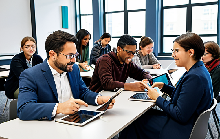 A diverse group of adults and young adults in a modern, well-lit educational setting, showcasing the evolution of literacy. Some individuals are interacting with physical books and traditional writing tools, while others are engaged with tablets, laptops, and interactive digital screens displaying educational content. All subjects are fully clothed in modest, contemporary, and professional casual attire, focused on collaborative learning. Professional photography, high resolution, realistic rendering, perfect anatomy, correct proportions, natural pose, well-formed hands, proper finger count, natural body proportions, safe for work, appropriate content, family-friendly.